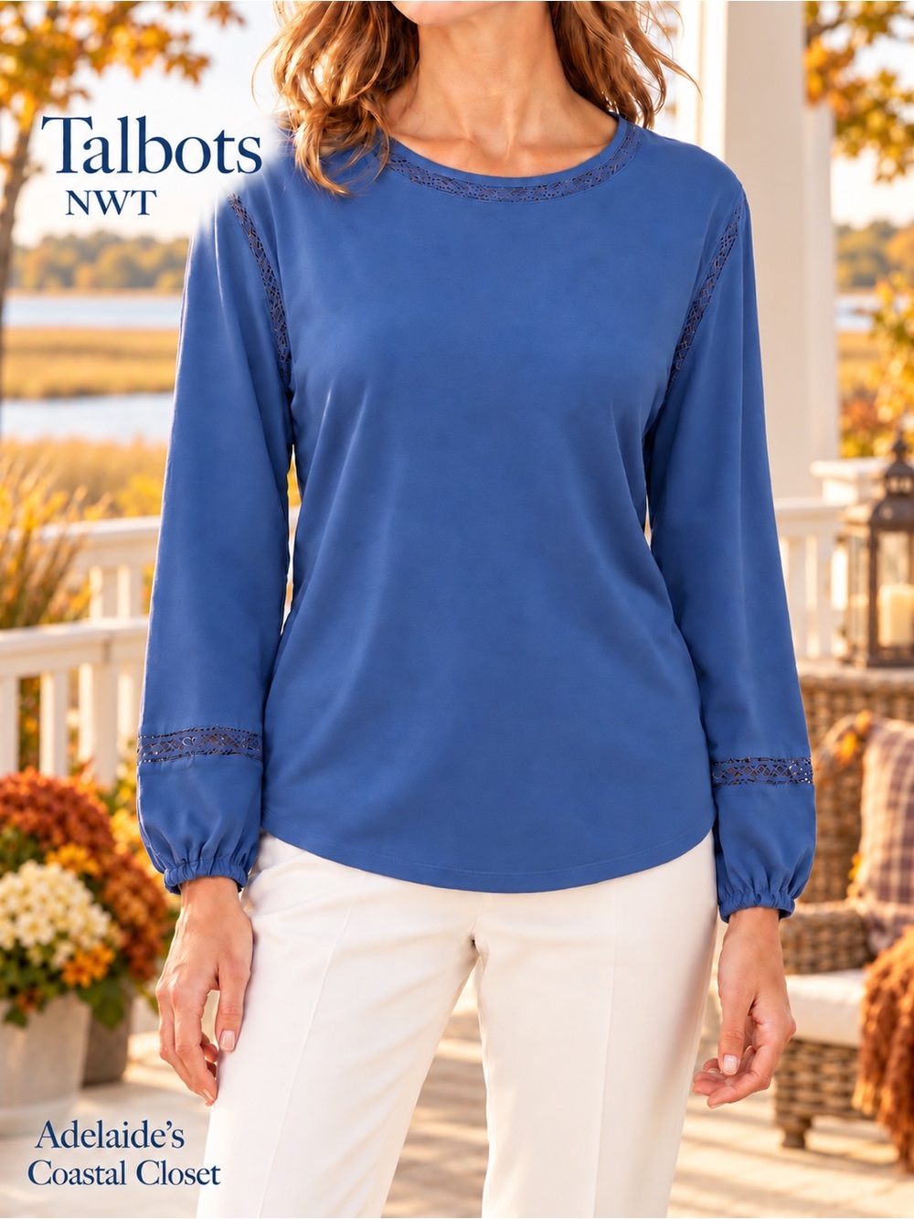 Talbots Modern Romance Lace Trim Top Navy Dusk Blue Women’s Medium NWT
